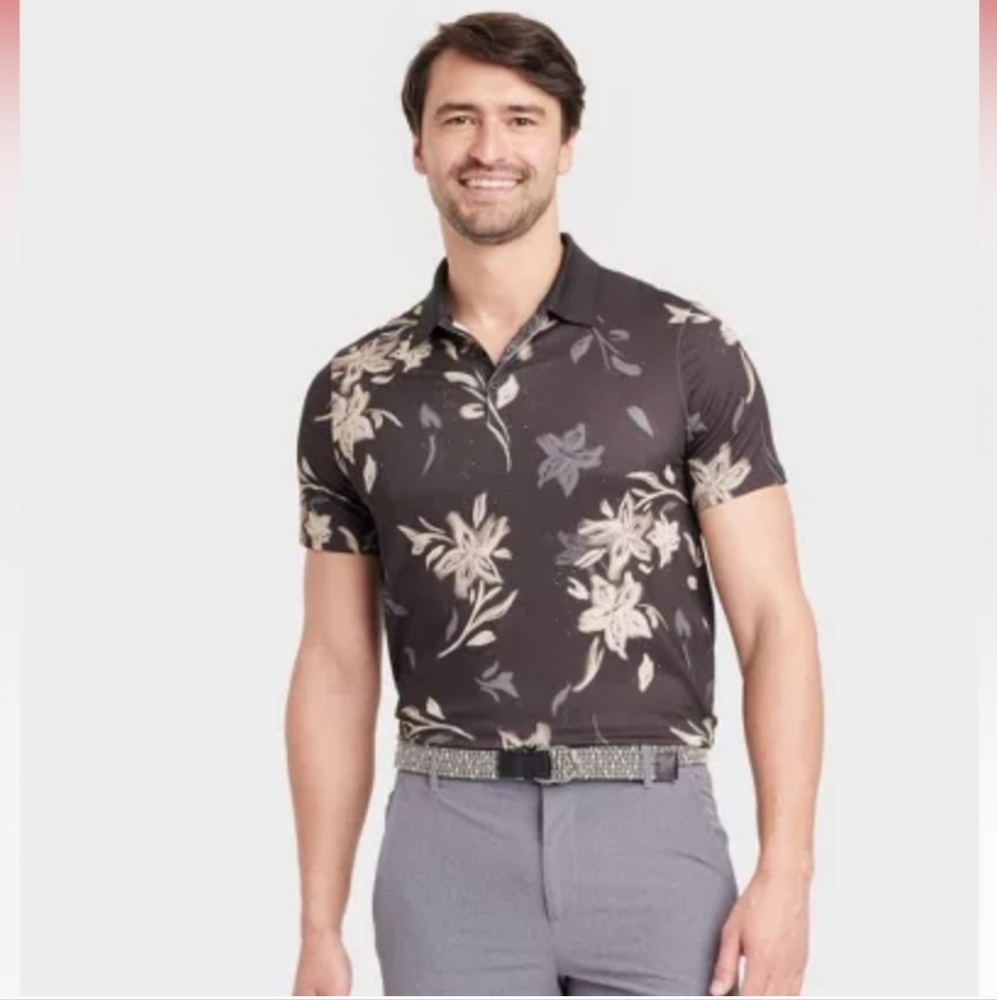Men's Floral Print Textured Polo Shirt - All In Motion Black/Gray XL